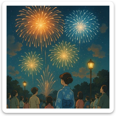 ghibli style realistic fireworks display sticker