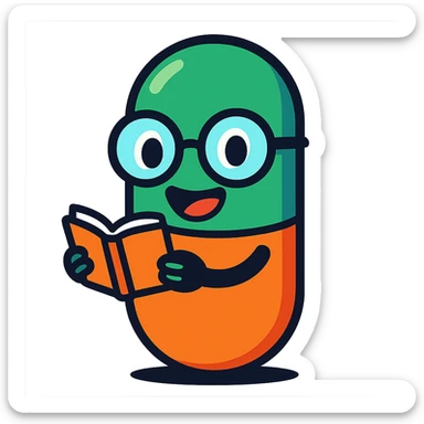 A smiling capsule pill with big round glasses, holding a tiny open book, cartoon style, vibrant colors, pill is green and orange sticker
