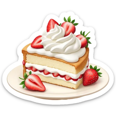 slice of strawberry shortcake with whipped cream, soft and light colors, smooth texture, bright and appetizing, minimal details, glossy highlights
 sticker
