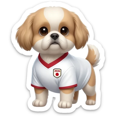 white and light brown shih zhu wearing a Japan white and red soccer jersey v neck 2026 work cup sticker