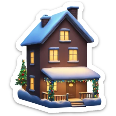 A house decorated for Christmas at night with the moon shining sticker