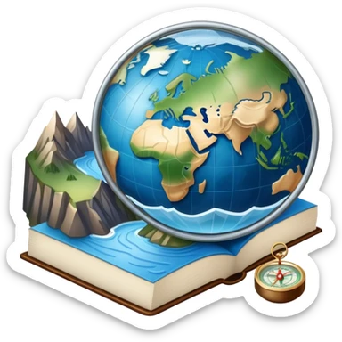 an icon featuring an earth with attitude and longitude lines, a textbook, and a topographic map, symbolizing geography as a science. The design includes a compass, mountain ranges, and rivers, representing the study of Earth's features and landscapes. Transparent background highlights geography. sticker