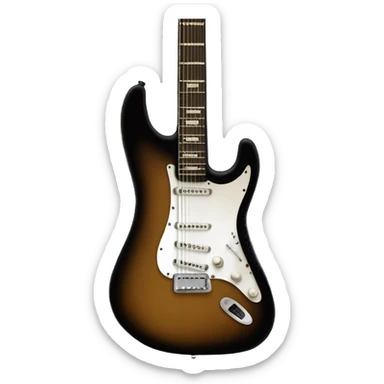 The electric guitar is black with a light brown fretboard sticker