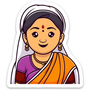 A cheerful Indian aunt (mausi) character with a plump face, smiling, wearing traditional Indian clothing and a bindi sticker