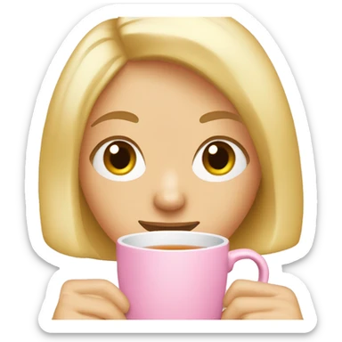 blonde girl with bob drinking tea out of a pink mug sticker