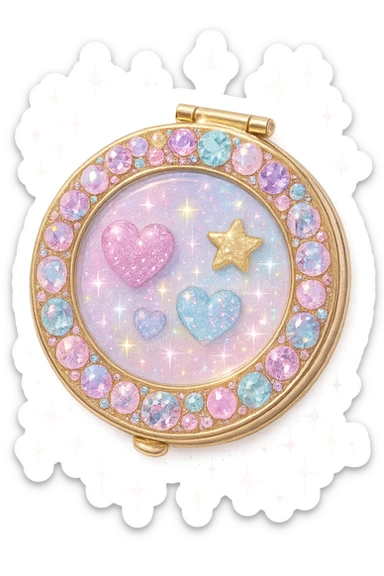 girly sparkling compact mirror with gems, no background, pastel colors, shiny and glittering sticker