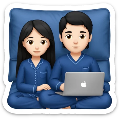 black haired boy and long haired girl in navy blue pajamas , watching movie on laptop sticker