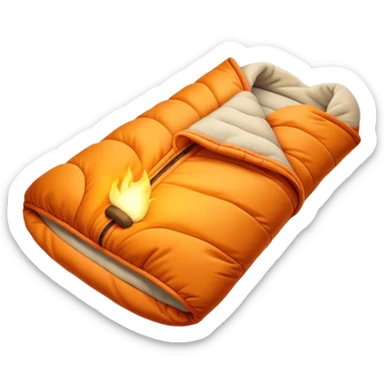 Cinematic Realistic Sleeping Bag, plush and slightly wrinkled, rich fabric texture catching the firelight, glowing with warmth and inviting coziness, nestled within a peaceful campsite. sticker