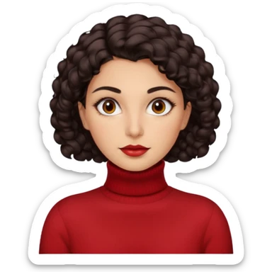 30 yr iranian woman dark brown hair curly wavy short hair, red turtle neck sweater, very thick eyebrows, light skin sticker