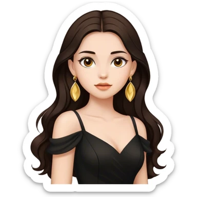 Beautiful woman,cute, long dark brown hair in dark dress with gold earrings sticker