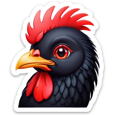 Cinematic Cute Black Chicken Portrait Emoji, Head tilted playfully and inquisitively, featuring sleek, lustrous black feathers and a vibrant red comb, round, sparkling beady eyes filled with curiosity, Simplified yet irresistibly adorable features, highly detailed, glowing with a warm, friendly glow, high shine, affectionate and lively, stylized with a touch of whimsical charm, bright and endearing, soft glowing outline, capturing the essence of a mischievous yet loving chicken, so playful it feels like it could peck out of the screen and into your arms! sticker