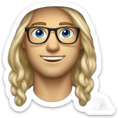 Handsome man smiling with glasses and blue eyes. long blond hair. Backwards grey hat sticker