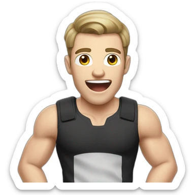 amazed Open with surprise mouth Pale skinned Fit Man With the biceps and dark brown hair in black shirt, gray sports shorts and white Sneakers sticker