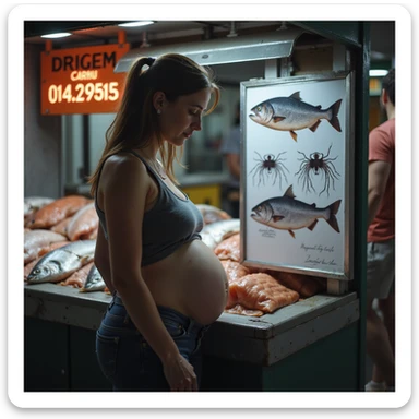 realistic pregnant woman in 4K observing informational sign in fish market with image of salmon showing visible parasites sticker