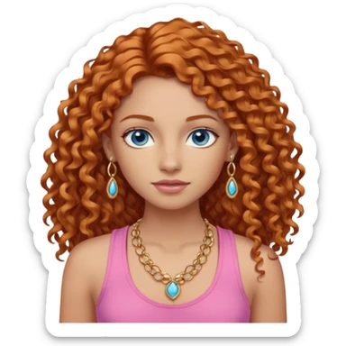 Girl with long ginger curly hair, blue eyes, tan-ish skin, gold jewelry, and a pink tank top sticker