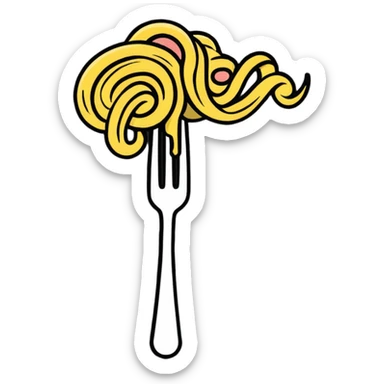 Fork with carbonara spaghetti twirled around it, isolated sticker