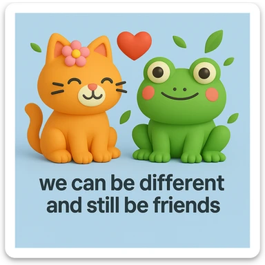 A 3D iOS style illustration of a cat and a frog together, with a flower on the cat's head and a heart floating between them, conveying a message of friendship. The scene should have a light blue background with some green leaves scattered around. Include the text "we can be different and still be friends" at the bottom. sticker