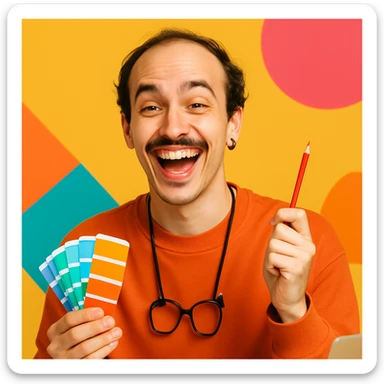 Happy 25 year old graphic designer, receding dark hair, thin moustache, black earring on left, expressive face, modern style sticker