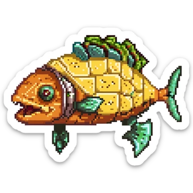 a cyborg robotic salmon who's torso is made from a filled crunchy taco, with lettuce salsa meat and cheese. he is fish taco bot man his face and head, tail, and fins are metallic robotic construction, he has a slit visor across his face where his eyes should be like cyclops sticker