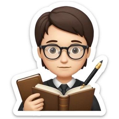 writer holding big pen in hand and closed book in other hand, wearing glasses sticker