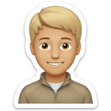 make a boy with comb over  dirty blond hair hazel eyes tan white smirky smile and quarter zip  sticker