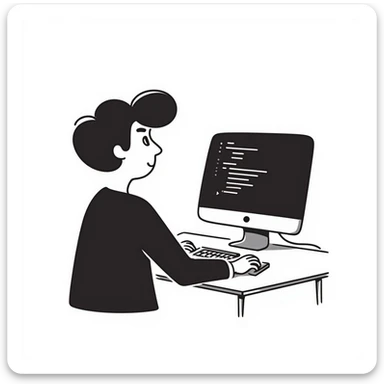 IT specialist at a computer, hand-drawn look, casual, relaxed posture sticker