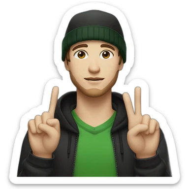 Man wearing black hoodie, black and green hat, brown hair, brown eyes, pale skin, giving peace sign sticker