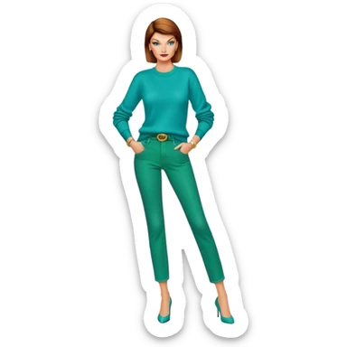 Linda Evangelista in turquoise sweater and green jeans pants sticker