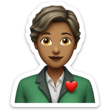 A female teacher in a green jacket holds a heart in her hands sticker