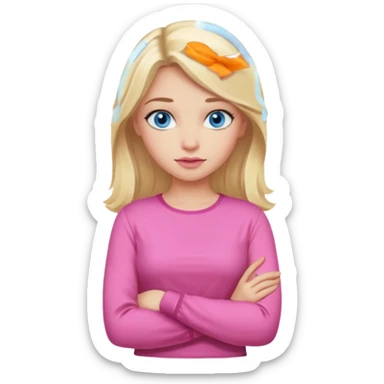 A girl with blue eyes, full lips and blonde long hair in a pink blouse shows no with her hands, crossing them sticker
