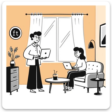 escenary 3d of a cozy mid-century living room with two people working on laptops, one man standing at a desk and one woman sitting on a couch, warm tones, two walls and floor visible sticker