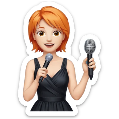 singer, Middle age, orange hair, happy, holding mic, wearing dress sticker