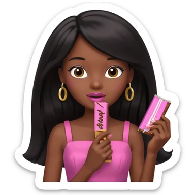 Black barbie, long black  hair, pink dress eating chocalate bar sticker