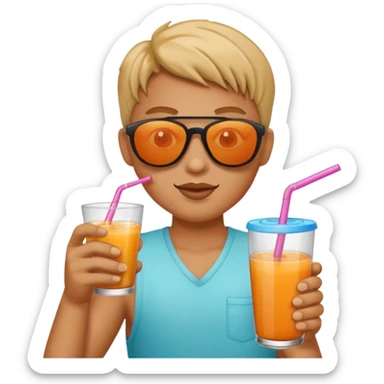 Sun is wearing sunglasses and drinking juice with stra sticker