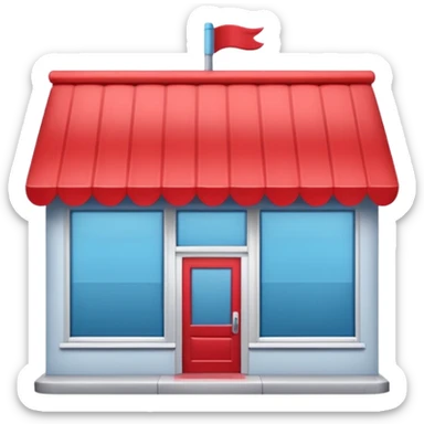 miniature storefront in flat vector emoji style, clean and rounded, peaked red roof, light gray walls, blue sign area, large front windows, sliding glass double doors, subtle shadows, soft lighting, minimal and cute like Apple emojis, front-facing, plain background sticker