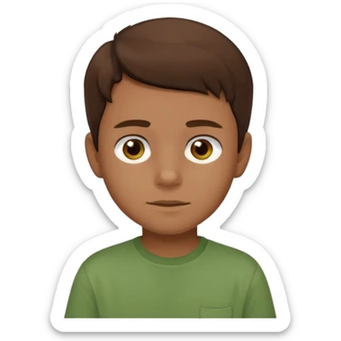 a boy with brown eyes and hair with a green shirt sticker