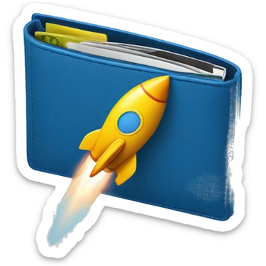 in the emoji style of a blue colored wallet linked to a rocket sticker