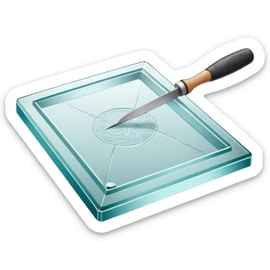 Glass carving icon, large piece of glass being etched with carving tools, fine lines and patterns on the glass surface, glass cutter, minimalistic style, clean lines, transparent background. sticker