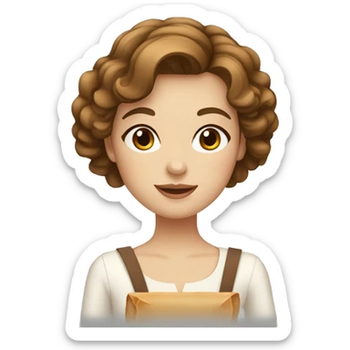 a french girl, with brown mid-length wavy cut hair, brown eyes, holding a baguette sticker