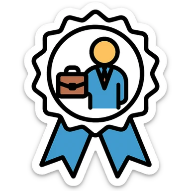 silver badge with stylized figure holding briefcase, blue accent, representing experienced professionals finding jobs, simple welcoming design sticker
