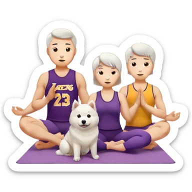 asian couple with a Samoyed which is a Short hair brunette male with lakers jersey and long hair brunette female yoga clothing sticker