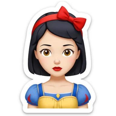 Snow White from hips up, blue top with yellow skirt, short black hair with red headband, minimal style but clearly recognizable sticker