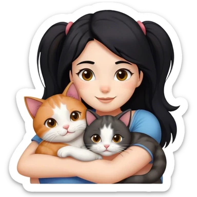 happy girl with black hair hugging three cats  (tricolour cat, gray cat, brown calico cat) sticker