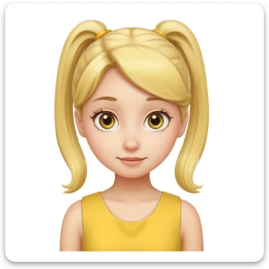 Cute female character, rounded face, big eyes, small nose, subtle smile, ponytail, yellow dress sticker