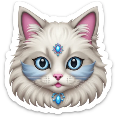 Neva masquerade cat, very fluffy, gray and white, blue eyes and pink nose sticker