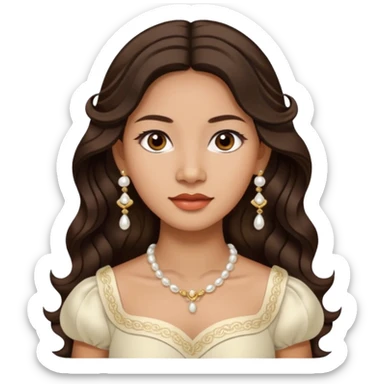 Tan Filipino woman with dark brown eyes and long dark wavy hair parted in the middle wearing a traditional filipiniana and white pearl stud earrings and no other jewelry sticker