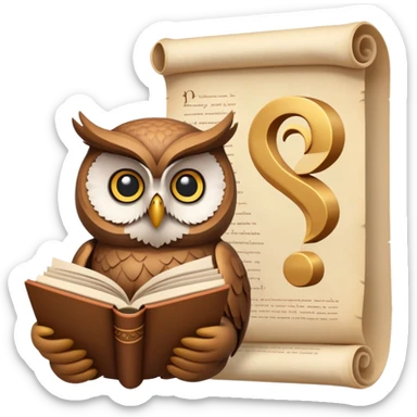 An icon featuring an ancient scroll, a thinker’s bust, and a question mark, symbolizing philosophy. The design includes a wise owl, a book, and abstract symbols, representing deep thought, ethics, and wisdom. Transparent background sticker