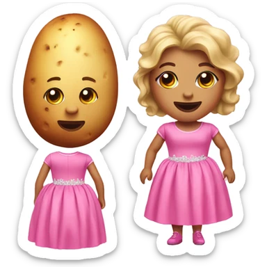 A potato wearing a pink barbie dress sticker