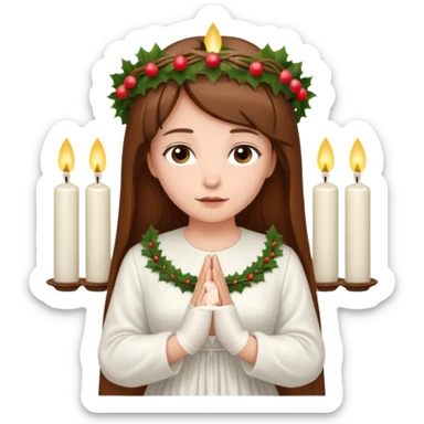 brown long haired white women with white gown and advent wreath with 5 candles on the head and praying hands  sticker