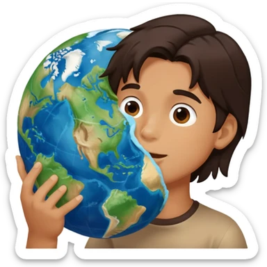 A boy with dark brown shoulder long hair eating the globe of earth sticker
